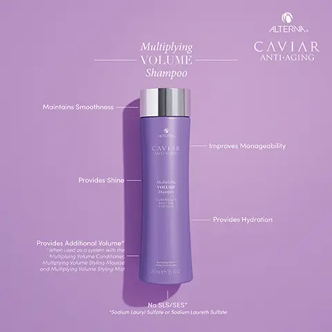 Image 1, multiplying volume shampoo, maintains smoothness, improves manageability, provides shine, provides hydration, provides additional volume, no SLS/SES. Image 2, the range. Image 3, before and after