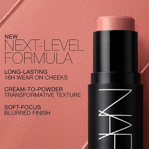 Image 1 - A NARS blush stick in a peachy-pink shade against a textured background, with the text NEW NEXT-LEVEL FORMULA LONG-LASTING 16H WEAR ON CHEEKS CREAM-TO-POWDER TRANSFORMATIVE TEXTURE SOFT-FOCUS BLURRED FINISH and the NARS logo on the stick. Image 2 - Lip color swatches on three different skin tones with text labels SEX APPEAL, DAZED, BEHAVE, ORGASM CRAVE, DOLCE VITA, SWING, BAD HABIT, HOT TAKE, SINFUL, FLING. Image 3 - Grid showing makeup swatches and application on faces with text labels SEX APPEAL DAZED BEHAVE ORGASM CRAVE DOLCE VITA BAD HABIT. Image 4 - The image shows makeup swatches and the shades applied to three models with different skin tones, with text labels SWING TRANCE FIERCE SINFUL FLING HOT TAKE. Image 5 - Twelve rectangular makeup swatches are shown in two columns with text labels SEX APPEAL, DAZED, BEHAVE, ORGASM CRAVE, DOLCE VITA, BAD HABIT, SWING, TRANCE, FIERCE, SINFUL, FLING, HOT TAKE. Image 6 - Close-up of a face showing pink makeup on eyes, cheeks, and lips with text MULTI-PURPOSE STICK EYES CHEEKS LIPS. Image 7 - Stack of round cosmetic powders in pink, coral, and burgundy shades with text PEACH KERNEL OIL Helps nourish skin for a healthy and supple complexion. RHUBARB ROOT EXTRACT Helps defend against environmental aggressors. SOFT-FOCUS POWDERS Provide a blurred, perfected look to skin. Image 8 - Image shows three NARS makeup products The Multiple stick Blush powder compact and Afterglow Liquid Blush bottle with applicator each next to a swatch of the products texture with accompanying text reading THE MULTIPLE FORMULA Cream-to-powder FINISH Blurred soft-focus BENEFITS Vibrant versatile color for cheeks lips and eyes BLUSH FORMULA Powder FINISH Matte satin and shimmer BENEFITS True-color payoff up to 16-hour wear AFTERGLOW LIQUID BLUSH FORMULA Liquid FINISH Natural luminous BENEFITS 8-hour hydration lasting color.