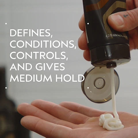 Image 2 - A persons hand holds a black tube, squeezing out white cream onto an open palm, with the visible text DEFINES, CONDITIONS, CONTROLS, AND GIVES MEDIUM HOLD and 4.2 fl oz / 125 ml e. Image 3 - A before and after comparison shows a man with unwashed, messy brown hair on the left and neatly styled, slicked-back brown hair on the right, with the visible text BEFORE Unwashed Hair and AFTER Results with Aveda Men Pure-Formance™ Shampoo, Conditioner, Liquid Pomade, and Grooming Cream. Styled with comb. Image 4 - A circular image features a green leafy plant submerged in clear liquid with bubbles, set against a dark green background, with the text Formulated Without Animal Derived Ingredients, Gluten, Mineral Oil, SLS/SLES, Synthetic Fragrance, Parabens, Phthalates, Petrolatum, Paraffin, & Formaldehyde Donors. Image 5 - A creamy, thick swipe of light yellow product with a soft shadow is visible on a white background. Image 6 - An image on a dark green background outlining a three-step hair care routine, showing circular photos of hands washing hair, a hand holding a brown Aveda Men Pure-Formance conditioner bottle with text pure-formance conditioner 10 fl oz/300 ml, and hands rubbing product together, with accompanying text: HOW TO USE, 01 CLEANSE Aveda Men Pure-Formance™ Shampoo, 02 CONDITION Aveda Men Pure-Formance™ Conditioner, 03 STYLE Aveda Men Pure-Formance™ Liquid Pomade and Grooming Cream. Image 7 - A dark green leafy background with a reddish plant on the left features three white certification logos: a circular 100% VEGAN V logo, a Certified B Corporation logo, and a Cruelty Free International leaping bunny logo.