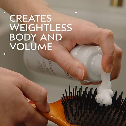 Image 2 - A persons hands are shown, one squeezing white foam from a bottle onto a wooden hairbrush held by the other, with the text CREATES WEIGHTLESS BODY AND VOLUME displayed on the left. Image 3 - A split image shows a womans hair before and after styling: on the left, her shoulder-length reddish-brown hair is flatter with a middle part, and on the right, it is more voluminous, styled with a side part, and appears shinier; the image text reads BEFORE, AFTER, Unwashed Hair, and Results with Pure Abundance™ Volumizing Shampoo, Volumizing Clay Conditioner, Style-Prep™️, and Volumizing Hair Spray, Phomollient™️ Styling Foam. Blow dried with Mini Wooden Paddle Brush. Image 4 - A four-step hair care guide showing circular images of a person shampooing, conditioning, styling with a brush, and applying hairspray, with text labels: HOW TO USE, 01 CLEANSE Pure Abundance™ Volumizing Shampoo, 02 CONDITION Pure Abundance™ Volumizing Conditioner, 03 STYLE Pure Abundance™ Style-Prep™ Phomollient™ Styling Foam & Mini Paddle Brush, 04 HOLD Pure Abundance™ Volumizing Hair Spray. Image 5 - A split image shows the back of a womans reddish-brown bob-length hair, with BEFORE on the left panel where the hair appears flat and stringy, labeled Unwashed Hair, and AFTER on the right panel where the hair is voluminous and styled, with text that reads Results with Pure Abundance™ Volumizing Shampoo, Volumizing Clay Conditioner, Style-Prep™, and Volumizing Hair Spray, Phomollient™ Styling Foam. Blow dried with Mini Wooden Paddle Brush. Image 6 - A dark green background features a circular image of green plant-like structures submerged in swirling blue-green water with air bubbles, with the text AIR INFUSED TECHNOLOGY and TRANSFORMS LIQUID TO FOAM WITHOUT THE NEED FOR AEROSOL. Image 7 - A white dollop of cleansing foam with many small bubbles and some larger ones sits on a white background with a dark green border. Image 8 - The image displays three white certification logos, reading from left to right: 100% VEGAN, Certified B Corporation, and Cruelty Free INTERNATIONAL with the Leaping Bunny symbol, all set against a background of lush dark green tropical leaves and a hint of red foliage.