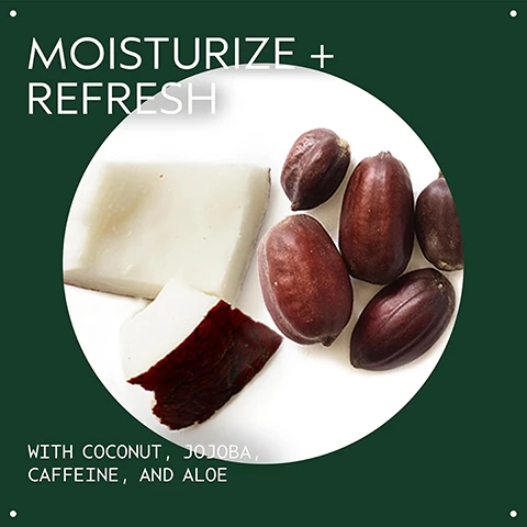 Image 2 - A dark green graphic features a white circle containing several brown jojoba seeds and white coconut pieces, with the text MOISTURIZE + REFRESH and WITH COCONUT, JOJOBA, CAFFEINE, AND ALOE. Image 3 - A white, creamy substance with visible texture and subtle shadows is swirled on a clean white background. Image 4 - A green Aveda hydrating lotion bottle from the botanical kinetics line with a white pump is displayed against a sparkling, blurred green background, with visible text reading Aveda, Aveda, The art and science of pure flower and plant essences, botanical kinetics, hydrating lotion, lotion hydratante, and Moisturizes and refreshes all skin types. Image 5 - Three green Aveda Botanical Kinetics skincare bottles are shown on a blurred green background next to a step-by-step guide with text: HOW TO USE, 01 CLEANSE Botanical Kinetics™ Purifying Gel Cleanser, 02 TREAT Botanical Kinetics™ Exfoliant, 03 MOISTURIZE Botanical Kinetics™ Hydrating Lotion. Image 6 - Three white certification logos, including a 100% Vegan logo with a V, a Certified B Corporation logo, and a Cruelty Free International Leaping Bunny logo, are displayed over a background of dark green tropical leaves with a red plant stem visible at the bottom left.