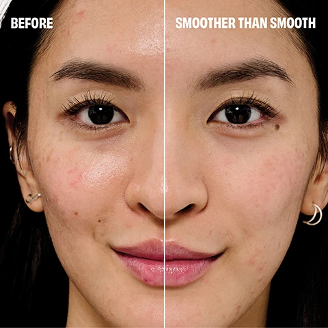 Image 1 - A split image of a womans face showing a before and after comparison, with the left side labeled BEFORE displaying skin with visible texture and slight imperfections, and the right side labeled SMOOTHER THAN SMOOTH displaying visibly smoother and more even-toned skin. Image 2 - A close-up image shows swatches of a beige-colored cosmetic product with visible texture and the text The POREfessional, Instantly minimize the look of pores & fine lines, Help makeup apply evenly & stay put, Get silky-soft, smoother-than-smooth skin. Image 3 - A pink and teal tube of Benefit The POREfessional Pore Primer is displayed diagonally on a purple background with light purple curved shapes, accompanied by text that reads 90% said it minimizes the look of pores*, 93% said skin feels smooth*, 91% said it helps makeup last longer*, and *self-evaluation by 109 participants after 1 week. Image 4 - A three-panel image displays a womans face, showing her natural skin on the left, her skin with primer applied looking smoother in the center, and her skin with primer and makeup looking flawless on the right, with visible text reading Before, With Primer, With Primer & Makeup, Model is wearing The POREfessional, and Model is wearing The POREfessional + Makeup. Image 5 - An image showcasing the evolution of Benefit The POREfessional Pore Primer, displaying an older light blue and white tube with a retro-style woman and the text Then, alongside a newer pink and teal tube with a stylized woman and the text Now, with listed product benefits in the center reading 12-hour pore-refining*, All-day wear, and Lightweight & translucent, beneath the title The Porefessional You Know & Love. Image 6 - Three tubes of Benefit Pore Primer are displayed from largest to smallest, each featuring a pink top with a woman in a hat and a light blue bottom; the tubes are labeled THE POREfessional PORE PRIMER and benefit, with additional pink circular labels indicating VALUE SIZE, FULL SIZE, and MINI respectively.