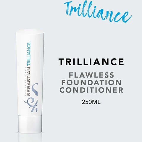 Image 2 - A white tube of conditioner labeled TRILLIANCE FLAWLESS FOUNDATION CONDITIONER 250ML with a blue and grey design.
Image 3 - A white tube of Sebastian Trilliance hair product is displayed on a light blue background, with text stating cleansed and polished hair, great light reflection, and color safe, each followed by a blue checkmark.
Image 4 - Image shows an instructional graphic with four steps titled HOW TO USE and includes icons for each step: a droplet with a line through it labeled REMOVE EXCESS WATER, a hand distributing product labeled DISTRIBUTE THROUGH THE HAIR, and a showerhead over a person labeled RINSE THOROUGHLY.
Image 5 - Image shows three hair care products: a black tube labeled SEBASTIAN TRILLIANCE, a white tube with the same label, and a blue spray bottle with SEBASTIAN TRILLIANT, accompanied by text that reads Combine with TRILLIANCE SHAMPOO & TRILLIANT SPRAY FOR BEST RESULTS.