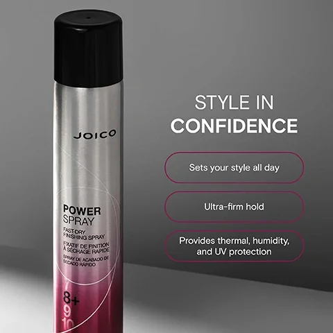 Image 2 - A silver Joico Power Spray hairspray can is shown next to text that reads STYLE IN CONFIDENCE Sets your style all day Ultra-firm hold Provides thermal, humidity, and UV protection.