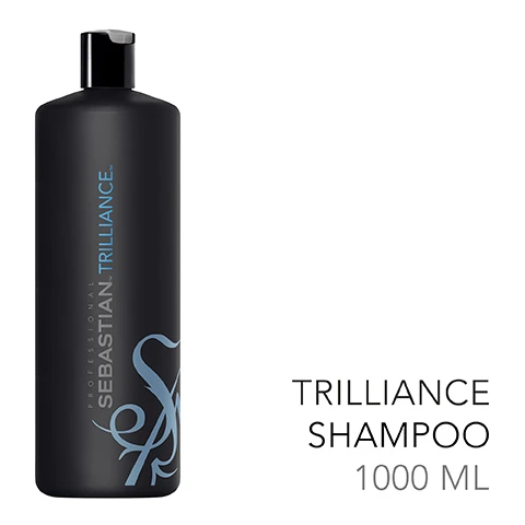 Image 2 - A black bottle of Sebastian Trilliance shampoo, labeled with TRILLIANCE SHAMPOO and 1000 ML in white and light gray text.
Image 3 - An instructional graphic showing three steps for using shampoo: 1) massage the shampoo into wet hair, 2) rinse thoroughly, 3) repeat if necessary.
Image 4 - Image features two tubes of hair care products, one black and one white, both labeled SEBASTIAN TRILLIANCE with a tagline reading COMPLETE YOUR ROUTINE and a note stating *SOLD SEPARATELY.