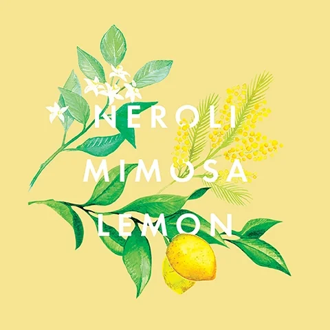 A yellow background features illustrations of green leaves, white flowers, and a yellow lemon with the text NEROLI MIMOSA LEMON displayed prominently in white letters.