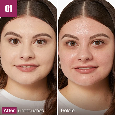 Image 1 - A split image shows a womans face before and after applying a product, with the left side labeled After unretouched displaying smoother, more even-toned skin and the right side labeled Before showing bare skin with visible pores and undereye circles, along with the number 01. Image 2 - A promotional image shows red goji berries and pink liquid drops on white backgrounds above and below a central magenta section that reads 96% RECOMMEND INSTANT ERASER CONCEALER* and in the bottom left corner *247 Women Jan 2025. Image 3 - A dark red makeup product with a brush applicator and a beige Maybelline Instant Age Rewind Eraser tube surrounded by water droplets on a light background, with text that reads UP TO 12H MOISTURIZING WEAR INFUSED WITH PEPTIDES. Image 4 - Two Maybelline Instant Age Eraser concealers, a green color correcting concealer and a beige multi-use concealer in shade 01 Light, are shown on a dark pink background with the text Break Outs? Pairs Perfectly With. Image 5 - Two Maybelline Instant Age Eraser concealers are displayed on a magenta background, with the left peach-toned tube labeled Pink and Color Correcting Concealer, and the right light beige tube labeled 01 Light and Multi-Use Concealer, along with the text Dark Circles? Pairs perfectly with. Image 6 - A close-up view of multiple Maybelline Instant Age Rewind Concealer tubes with light pink fuzzy sponge applicators, each featuring a dollop of concealer in various skin tones, overlaid with text stating 89% AGREE INSTANT ERASERS APPLICATOR MAKES APPLYING CONCEALER EASY!!* *247 Women Jan 2025.