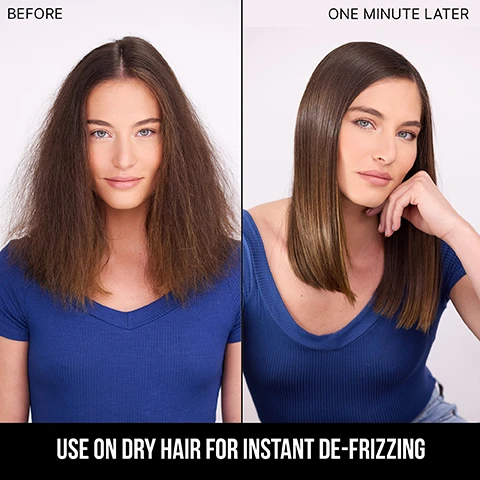 Image 3 - A woman with frizzy hair on the left side labeled BEFORE and the same woman with smooth, straight hair on the right side labeled ONE MINUTE LATER, with text at the bottom saying USE ON DRY HAIR FOR INSTANT DE-FRIZZING.
Image 4 - A tube of Color Wow One-Minute Transformation styling cream is displayed against a light green background, with text highlights around it noting its benefits: Recondition dehydrated hair, fake a blow-dry in minutes, tame and de-puff swollen hair, groom and gloss short hair, erase dents from clips and ponytails, smooth and tame frizz, instantly banish bedhead, and get rid of static, STAT.
Image 5 - A smiling person with long, dark hair is sitting in a car while holding a tube of hair product labeled COLOR WOW in their right hand, wearing a black sweater and layered gold necklaces.
Image 6 - A white tube of Color Wow styling cream labeled One-Minute Transformation with green and black text, stating it instantly remoisturizes and eliminates frizz, alongside the size 50 ml e 1.7 fl oz, with a TRAVEL SIZE label at the bottom.