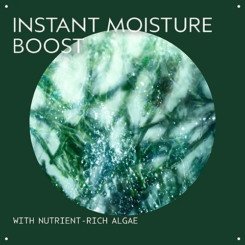 Image 2 - A dark green background features a large central circle containing a blurry, bright green and blue image resembling algae or water with particles, with the text INSTANT MOISTURE BOOST at the top left and WITH NUTRIENT-RICH ALGAE at the bottom left. Image 3 - A green bottle of Aveda Botanical Kinetics hydrating treatment lotion with a white cap is centered against a blurred, sparkling green background, with visible text reading Aveda, The Art and Science of Pure Flower and Plant Essences, botanical kinetics, hydrating treatment lotion, lotion traitante, hydratante, and Instantly Boosts Moisture. Image 4 - Two round, slightly textured, white liquid drops or smears with soft shadows are shown on a white background within a dark green frame. Image 5 - A green bottle of Aveda Botanical Kinetics Hydrating Treatment Lotion is displayed on a dark green background, with visible text reading HOW TO USE, AVEDA, THE ART AND SCIENCE OF PURE FLOWER AND PLANT ESSENCES, botanical kinetics™, hydrating treatment lotion, lotion traitante, hydratante, and instructions Press into skin after cleansing, AM and PM. Image 6 - White certification logos for 100% Vegan, Certified B Corporation, and Cruelty Free International are displayed on a dark green leafy background with a red plant.