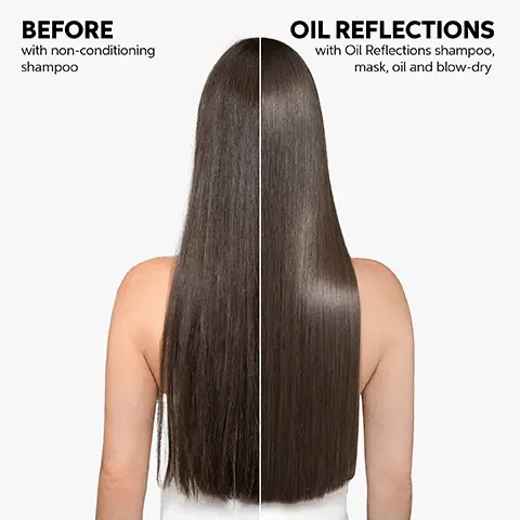 Image 1, BEFORE with non-conditioning shampoo OIL REFLECTIONS with Oil Reflections shampoo, mask, oil and blow-dry Image 2, WELLA O Reflections WELLA Ol Reflections SHAMPOO NEW DESIGN SAME GREAT PERFORMANCE Image 3, 00WTH ברדס UP TO 3X SMOOTHER HAIR* *SH, MSK and oil vs non-conditioning SH Image 4, Smoothness Shine Soft Hair Nourishment DO Image 5, WELLA P CReflections Linus nodev "OIL REFLECTIONS" I am very happy with the line. The hair is shiny and less dry* after the first use. - Priossou B LIGHT WELLA *vs. non-conditioning shampoo