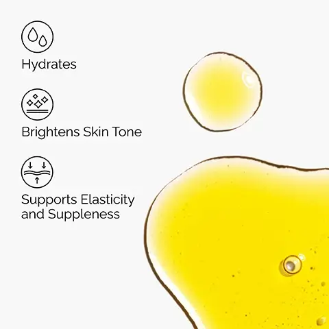 Image 1 - The image features three black line icons and their corresponding text descriptions on a white background, showing a water drop icon with Hydrates, a sparkling icon with Brightens Skin Tone, and an elasticity icon with arrows with Supports Elasticity and Suppleness, alongside several drops of golden yellow liquid. Image 2 - A close-up of a persons face shows a hand gently touching their dewy cheek, with three overlay text boxes that read Brightens, Boosts Elasticity, and Balances Uneven Tone. Image 3 - The image shows amber-colored oil with many bubbles inside a container, with text stating: Key ingredient in 100% Organic Cold-Pressed Rose Hip Seed Oil: Rosa Canina Seed Oil, which Hydrates skin supporting elasticity and suppleness, and Balances the look of uneven skin tone. Image 4 - The image shows a three-step skincare regimen from The Ordinary, featuring a gray tube for Squalane Cleanser, two dropper bottles for Argireline Solution 10% and 100% Organic Cold-Pressed Rose Hip Seed Oil, and a gray tube for Natural Moisturizing Factors + HA, with the visible text: A daily regimen for age support and radiance. PREP Squalane Cleanser Cleanses skin and removes makeup. TREAT Argireline Solution 10% Targets the look of forehead, smile and 11 lines. 100% Organic Cold-Pressed Rose Hip Seed Oil Promotes more supple, radiant-looking skin. SEAL Natural Moisturizing Factors + HA Supports the skin barrier.