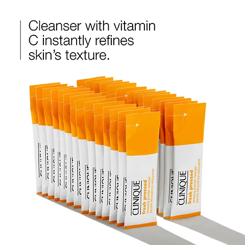 image 1, cleanser with vitamin c instantly refines skin's texture. image 2, vitamin c. image 3, the vitamin c is protected in individually sealed, lightproof packets. the cleanser activates with water. image 4, brighten and retexturise. image 5, free of fragrance, oil, drying alcohol, sodium lauryl and sodium laureth sulfate.