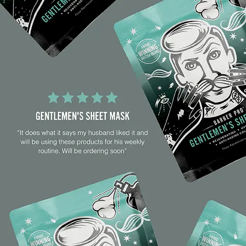 Image 1, GENTLE REJUVENA ANTI-AGE Shape Real AWARD WINNING BRITISH BRAND GENTLEMEN'S SHEET MASK "It does what it says my husband liked it and will be using these products for his weekly routine. Will be ordering soon" BARBER PRO GENTLEMEN'S SHE • REJUVENATING HYS ANTI-AGEING COL AWARD WINNING AWARD WINNING Image 2, GENTLEMENS SHEET MASK Anti-Ageing WINNING- Hydrating Green Tea & Witch Hazel BARBER PRO GENTLEMEN'S SHEET MASK ANTI-AGEING COLLEN. Improves Skin Tone & Complexion Rejuvenating 10