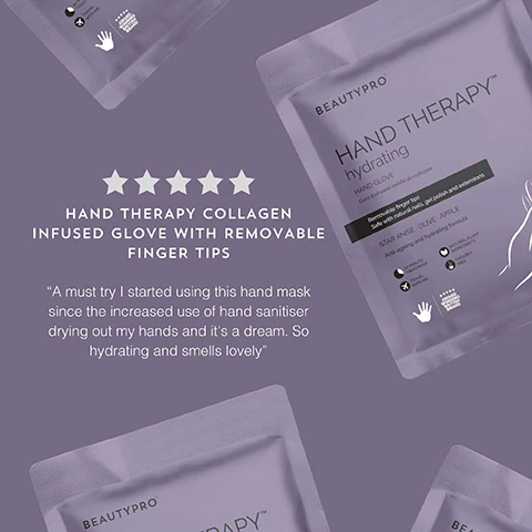 Image 1, customer review = a must try i started using this hand mask since the increases use of hand sanitiser drying out my hands and it's a dream. so hydrating and smells lovely. image 2, top tip = remove the finger tips to use the treatment time to complete your manicure. image 3, star anise - a natural skin toner. olive - improves elasticity and smooth. apple - keeps skin supple and moisturised.