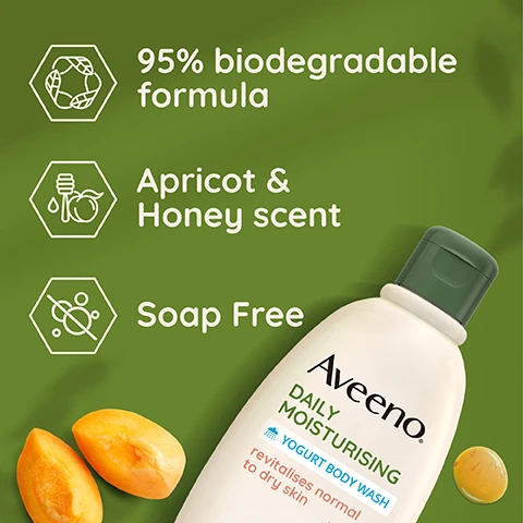 Image 1 - The image features a bottle of Aveeno Daily Moisturising Yogurt Body Wash with a green background, displaying key product attributes: 95% biodegradable formula, Apricot & Honey scent, and Soap Free, alongside two halved apricots placed beside the bottle.
Image 2 - A woman with long brown hair smiles while applying a creamy product to her shoulder, with the text keeps skin feeling moisturised, velvety soft & healthy looking displayed beside her.
Image 3 - Image shows three Aveeno skincare products on a green background, including Daily Moisturising Hand Cream, Daily Moisturising Body Lotion, and Yogurt Body Wash, with text that reads Cleans, moisturises & protects dry skin and product details including recyclable packaging indicators.
Image 4 - Image of a metallic tweezer holding a grain of oat above a green bowl of yogurt on a green background, with text that reads With nourishing oat & greek yogurt.
Image 5 - Image shows three Aveeno products for dry skin care: a hand cream, a body lotion with a pump labeled recyclable, and a body wash, all set against a green background with oat illustrations; visible text includes Cleanse, moisturise & protect dry skin, nourishes normal to dry skin, Recyclable Bottle & Pump, and Recyclable Tube.
Image 6 - A person in a white coat holds a bottle of Aveeno Daily Moisturising Yogurt Body Wash, which revitalizes normal to dry skin and is suitable for sensitive skin, with visible text indicating it is dermatologist tested and comes in a recyclable bottle and cap, featuring an apricot scent.
Image 7 - Image shows two bottles of Aveeno yogurt body wash side by side with a new design; the left bottle has an apricot and honey scent label, and the right bottle highlights the use of 50% recycled plastic with text that reads NEW LOOK, Bottle made from 50% recycled plastic, and features an apricot and honey scent label while showing a slice of apricot and honey droplet, both labeled as 300ml.