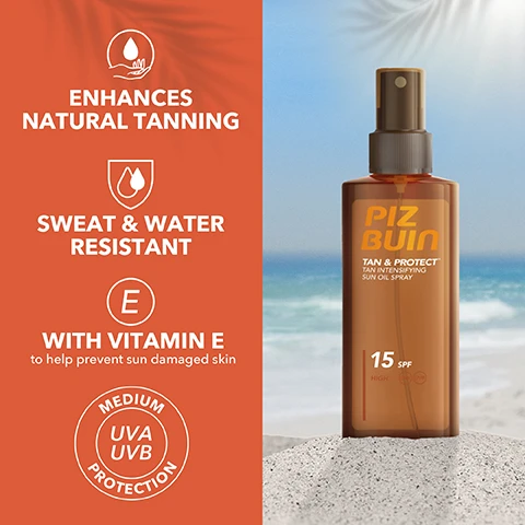 Image 1 - Image of a bottle of Piz Buin Tan & Protect Tan Intensifying Sun Oil Spray on a sandy beach, with orange text stating enhances natural tanning, sweat & water resistant, with vitamin E to help prevent sun damaged skin, and medium UVA UVB protection, showcasing an SPF of 15.
Image 2 - A person with long hair wearing a white bikini is standing on a beach, with a clear blue sky and ocean in the background, and there is text that reads Enhances natural tanning for a natural faster, more beautiful tan* and UVA UVB PROTECTION and TAN & PROTECT.
Image 3 - An orange background features droplets of liquid with the text Fast absorption & non-sticky displayed prominently.
Image 4 - A circular graphic with a bright orange background displaying the text RE-APPLY EVERY 2h, accompanied by an arrow and sunburst design around the circle.