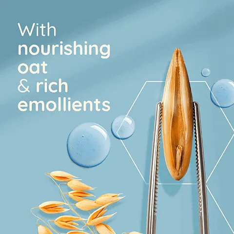 Image 1, with nourishing oat and rich emollients. Image 2, suitable for sensitive skin and suitable for people who may be prone to eczema. Image 3, New look tube made from 45% recycled plastic. Image 5, vegan formula, high tolerance and unscented