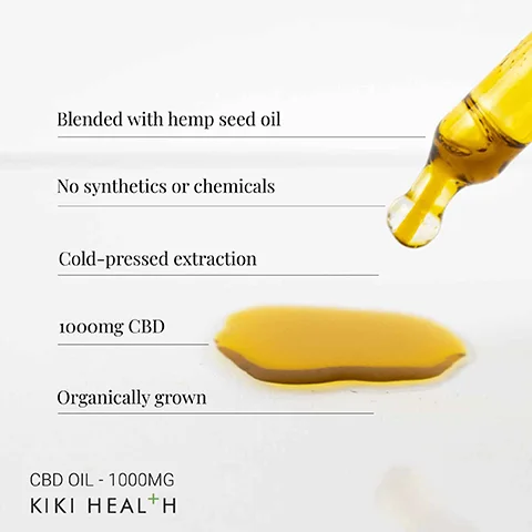 Image 1 - Image of a dropper with golden CBD oil dripping, accompanied by text that reads: Blended with hemp seed oil, No synthetics or chemicals, Cold-pressed extraction, 1000mg CBD, Organically grown, CBD OIL - 1000MG, KIKI HEALTH.