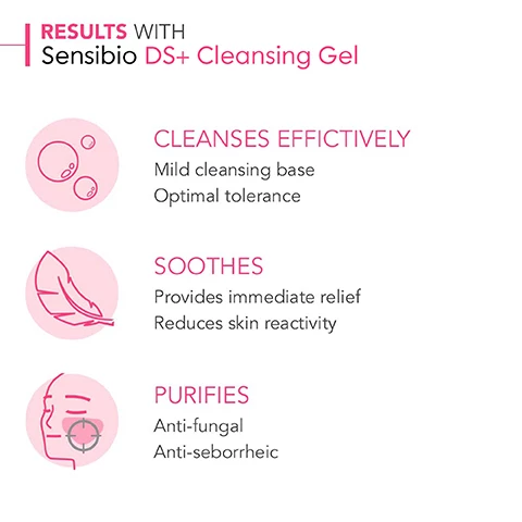 Image 1, results with sensibio DS+ cleansing gel. cleanses effctively mild cleansing base optimal tolerance. soothes, provides immediate relief, reduces skin reactivity. purifies anti-fungal and anti-seborrheic. image 2, my routine with sensibio DS+ cleansing gel. sensitive skin prone to redness and scales. 1 = cleanse, 2 = treat, 3 = treat scalp. image 3, how to use sensibio DS+ cleansing gel. 1 = apply sensibio DS+ cleansing gel. 2 = work into a foam and gently dry. 3 = apply sensibio DS+ cream. do not apply to skin that is clearly irritated or oozing.