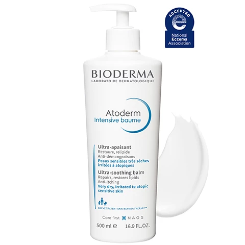 Image 1, accepted by national eczema association. image 2, results for my skin. intensely nourishes. 80% skin is ultra nourished. soothes itching 95% immediate skin relief. strengthens the skin 76% no more flare ups for 6 months. image 3, your ecobiological routine. for dry, very dry to irritated sensitive skin. 1 = cleanse, 2 = treat, 3 = soothe.