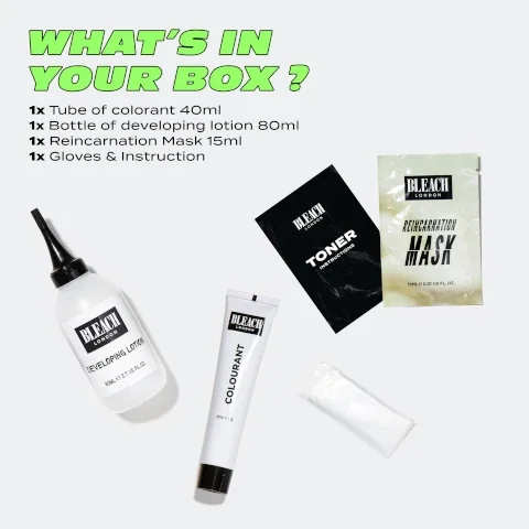 what's in your box? 1 tube of colorant 40ml, 1 bottle of developing lotion 80ml, 1 reincarnation mask 15ml, 1 gloves and instructions