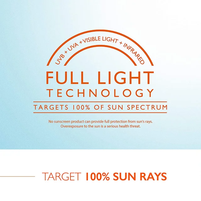 YVB, UVA, visible light, infrared full light technology targets 100% of sun spectrum. No sunscreen product can provide complete protection from the sun's rays. Overexposure to the sun is a serious health threat. Target 100% sun rays