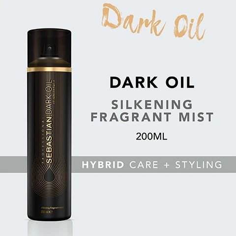 Image 2 - A black spray bottle labeled Sebastian Dark Oil positioned against a light blue background, with text that reads Dark Oil, Silkening Fragrant Mist, 200ML, and Hybrid Care + Styling.
Image 3 - A black spray bottle labeled Sebastian Dark Oil with gold accents and text highlights benefits: smoothen and nourish hair, lightweight, silky and shiny effect, and mesmerising fragrance.
Image 5 - An illustration showing a hair spray bottle and a profile of a person spraying their hair, with text stating how to use the product and instructions to spray evenly all over wet or dry hair for smoothness and natural shine.
Image 6 - Image of jojoba and argan oil with several brown nuts on green leaves surrounded by golden oil droplets; visible text reads JOJOBA & ARGAN OIL.