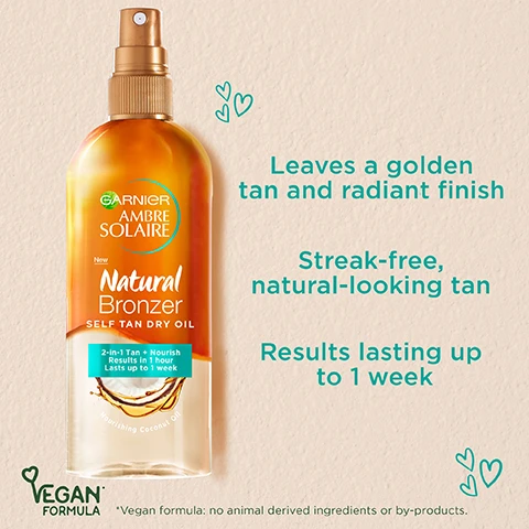 Image 1, leaves a golden tan and radiant finish. streak free natural looking tan. results lasting up to 1 week. vegan formula no animal derived ingredients or by products. image 2, prep, tan and maintain. image 3, explore the range. image 4, cruelty free international - all garnier products are officially approved by cruelty free international under the leaping bunny programme.