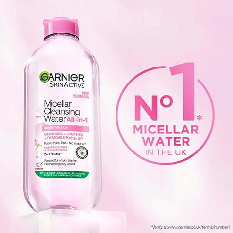 A clear plastic bottle of Garnier SkinActive Micellar Cleansing Water with a pink cap, featuring labels that say All-in-1, Sensitive Skin, and No. 1 Micellar Water in the UK.