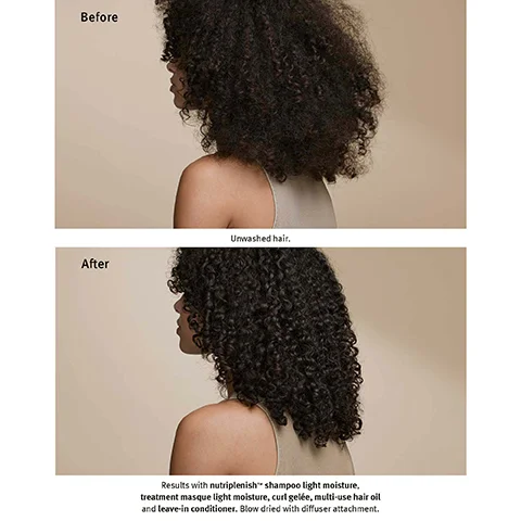 Image 1 - Image shows two side-by-side photographs of a person with curly hair, with the left labeled Before depicting unwashed hair, and the right labeled After showing defined, moisturized curls; visible text includes Results with nutriplenish™ shampoo light moisture, treatment masque light moisture, curl gelée, multi-use hair oil and leave-in conditioner. Blow dried with diffuser attachment.