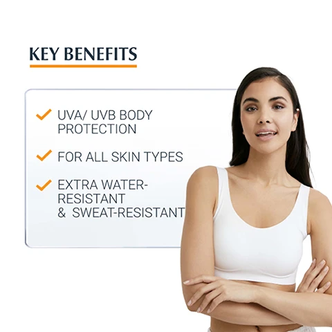 Image 1 - Image of a woman in a white tank top smiling and standing with arms crossed, next to text highlighting key benefits: UVA/ UVB body protection, for all skin types, extra water-resistant & sweat-resistant.
Image 2 - An image displaying three soft, creamy textures with labels indicating the key ingredients: LICHOCHALCONE A - Neutralise free radicals, GLYCYRRHETINIC ACID - DNA repair mechanism, and OIL CONTROL TECHNOLOGY - With mattifying pigments.
Image 3 - Image shows an orange background with an artistic splash effect and large text that reads 96% CONFIRM HAS AN IMMEDIATE DRY TOUCH FINISH followed by asterisked note about a product study.
Image 4 - Image showing three Eucerin sun care products: Eucerin Sun Kids spray, Eucerin After Sun gel-cream, and Eucerin Sun Face gel-cream, with the text DISCOVER MORE above.
Image 5 - A tube of Eucerin Dry Touch Sun Gel-Cream with a white and orange design featuring text that reads NEW, OIL CONTROL, 50+ SPF, and ADVANCED SPECTRAL TECHNOLOGY, alongside icons and text indicating WATER & SWEAT RESISTANT, ABSORBS VERY QUICKLY, and ANTI-SAND.