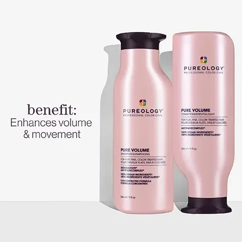 Image 1, benefit - enhances volume and movement. image 2, vitamin e, sunflower seed oil, eucalyptus leaf extract. image 3, vegan formulas - sulfate free for a gentle cleanse. recycled bottles made from post consumer recycled materials. up to 80+ washes in one bottle. all formulas are highly concentrated meaning less water needed. every formula is made without animal products or by products. pureology never tests on animals. our shampoo and conditioner bottles, excluding cap, are created with 95% post consumer recycled materials.