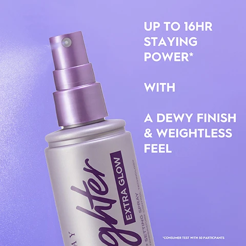 Image 1, up to 16 hour staying power with a dewy finish and weightless feel. consumer test with 50 participants. image 2, micro fine mist for an even application. image 3, travel size 30ml. full size 118ml. image 4, dewy, matte, the OG, hydrating.