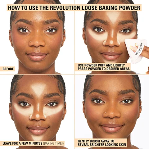 Image 1 - A woman demonstrates the process of using Revolution Loose Baking Powder on her face, showing four stages: her face before application, the application of powder to specific areas, a timer indicating to leave it on for a few minutes, and the final result with brighter skin. Visible text includes HOW TO USE THE REVOLUTION LOOSE BAKING POWDER, USE POWDER PUFF AND LIGHTLY PRESS POWDER TO DESIRED AREAS, LEAVE FOR A FEW MINUTES (BAKING TIME), and GENTLY BRUSH AWAY TO REVEAL BRIGHTER LOOKING SKIN.
