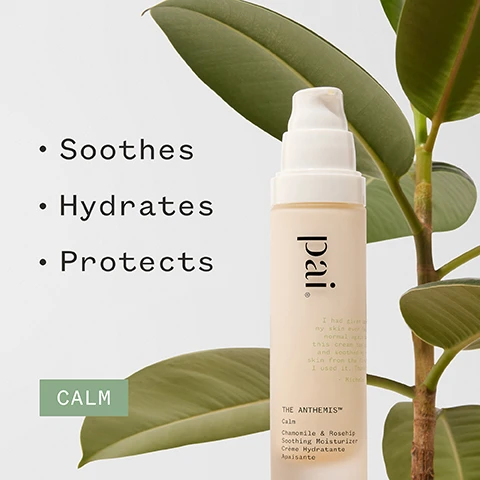 Image 1 - A bottle of Pais Calming Moisturizer is shown with a green plant in the background, accompanied by text listing its benefits: Soothes, Hydrates, Protects, and labeled CALM at the bottom.
Image 2 - A skincare product bottle is shown next to a green jar, with a quote praising the moisturizer for sensitive skin, attributed to Janine M., alongside various certification logos including Organic and Vegan.