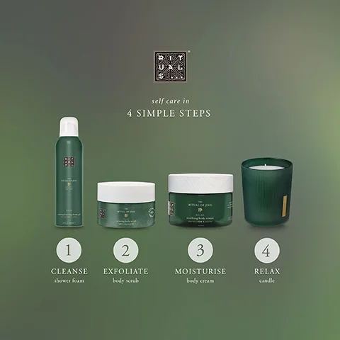 1 CLEANSE self care in 4 SIMPLE STEPS 2 3 EXFOLIATE MOISTURISE 4 RELAX shower foam body scrub body cream candle