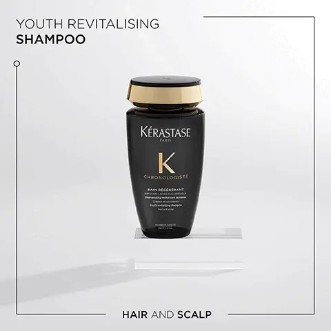 Youth revitalising shampoo. Hair and scalp. Chronologiste- restores and adds shine- instrumental test chronologiste bain regenerant and regenerant intense masque. Acido, IA, Luronico, Abyssin, E, Vitmaina, E.