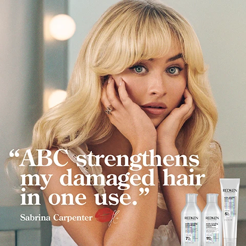 Image 1 - A young woman with blonde hair and bangs looks at the camera with a surprised expression, while three hair care products are displayed next to her, and visible text reads ABC strengthens my damaged hair in one use. Sabrina Carpenter.
Image 2 - A close-up image of a bottle with a flip-top lid showing white cream inside, accompanied by text stating 56% less breakage*, 90% more conditioned*, and 11X smoother**.
Image 3 - Image shows a side-by-side comparison of hair, with the left side labeled BEFORE showing hair that appears frizzy and damaged, while the right side labeled AFTER ONE USE* displays smooth, straightened hair; additional visible text at the bottom reads “*SYSTEM OF ACIDIC BONDING CONCENTRATE INTENSIVE TREATMENT, SHAMPOO, CONDITIONER & LEAVE-IN VS. UNDAMAGED HAIR.”
Image 4 - A person with curly hair is shown from the back, with the left half labeled BEFORE showing frizzy, dry curls and the right half labeled AFTER ONE USE displaying defined and shiny curls; visible text at the bottom reads SYSTEM OF ACIDIC BONDING CONCENTRATE INTENSIVE TREATMENT, SHAMPOO, CONDITIONER & LEAVE IN VS. UNDAMAGED HAIR.
Image 5 - An abstract composition of creamy white textures alongside visible text that reads CITRIC ACID + BONDING CARE COMPLEX HELPS REPAIR BONDS + PREVENT FUTURE DAMAGE.
Image 6 - A person holding a bottle of Redken Acidic Bonding Concentrate hair care product with five stars above and the text BEST I’VE EVER USED AND I’M A HAIRDRESSER prominently displayed, as well as a note at the bottom stating *RECEIVED THE PRODUCT TO TRY FROM MARIE CLAIRE BEAUTY DRAWER, AUG 2022.
Image 7 - Image shows the back of a person with curly hair, split into two sections labeled Before and After, with the right side displaying text that reads AFTER USE OF ACIDIC BONDING CONCENTRATE SHAMPOO, CONDITIONER AND LEAVE-IN.