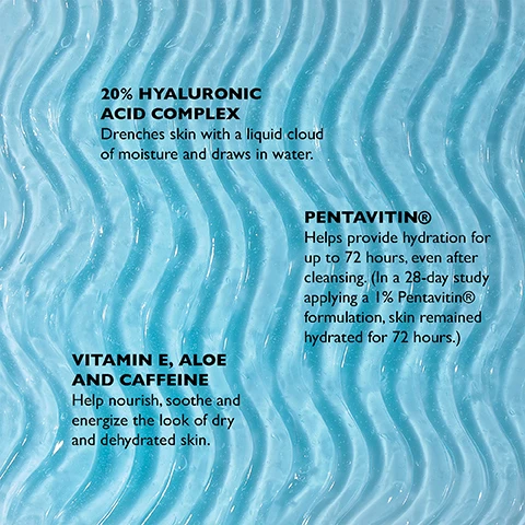 Image 1 - A textured blue gel-like substance with visible bubbles and waves includes text stating 20% hyaluronic acid complex, Pentavitin® benefits, and vitamin E, aloe, and caffeine effects on skin hydration.
Image 2 - The image shows a skincare product arrangement featuring four items against a blue background with fluffy white clouds; visible text includes WATER DRENCH® ROUTINE, STEP 1 GEL CLEANSER CLEANS + REMOVE IMPURITIES, STEP 2 CLOUD MASK REPLENISH, MOISTURE AND SOOTHE, STEP 3 DAILY SERUM BRIGHTEN + SMOOTH, and STEP 4 DAILY MOISTURIZER LOCK INTENSE HYDRATION.