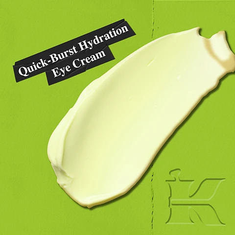 Image 1 - A creamy yellow product swipe on a bright green background with a black label stating Quick-Burst Hydration Eye Cream. Image 2 - Image shows a white jar of Kiehls Creamy Eye Treatment with Avocado on a green background, accompanied by text that reads 93% AGREE Eye Areas Looks Less Puffy*, Smoother, and Brighter**, with footnotes *With Massage and **4 week consumer study of 71 people, when used as a 15 min mask. Image 3 - A green background features a partial caffeine molecular structure and a cut avocado half with oil dripping, alongside the text Our Formula With: Caffeine Avocado Oil.