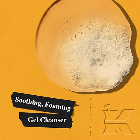 Image 1 - A close-up of a translucent amber gel with white foam on a bright yellow background, with black torn paper strips displaying the white text Soothing, Foaming Gel Cleanser and a faint K logo in the bottom right. Image 2 - An orange background displays a Kiehls Calendula Deep Cleansing Foaming Face Wash bottle on the right, while two torn white tape pieces on the left feature the text Cleanses & Soothes, and the bottle label also clearly states Kiehls Since 1851 Calendula Deep Cleansing Foaming Face Wash with Calendula Flower Extract for a normal-to-oily skin type. Image 3 - A golden calendula flower and liquid drops are shown on an orange background with the text Our Formula With: Calendula Glycerin.