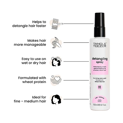 Image 1 - A white Tangle Teezer detangling spray bottle is shown with text listing its benefits and product details: Helps to detangle hair faster, Makes hair more manageable, Easy to use on wet or dry hair, Formulated with wheat protein, Ideal for fine - medium hair, Tangle Teezer detangling spray, Moisturisers & protects against breakage for smoother, shinier hair, Nourishing, lightweight formula with WHEAT PROTEIN, FINE - MEDIUM, 150ml e / 5 fl.oz. Image 2 - A persons back view showing a before and after comparison of their hair, with the left side displaying wavy, frizzy hair and the right side displaying smooth, straight hair, with the words BEFORE and AFTER visible at the bottom. Image 3 - A woman with dark, wavy hair rests her hand on her cheek, next to the text Ideal for straight to curly hair. Image 4 - A woman with long, dark, wet hair looks to the left while holding a white and pink spray bottle, which reads: TANGLE TEEZER detangling spray Moisturises & protects against heat damage & frizz for smoother hair Nourishing lightweight WHEAT PROTEIN pH 4.4 VEGAN 150ml e / 5 fl.oz. Below the woman, five icons with text indicate: sulfate-free, paraben-free, phthalate-free, cruelty-free, 100% vegan.