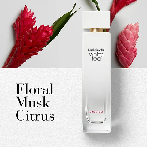 Image 1 - A transparent bottle of Elizabeth Arden White Tea perfume is placed against a light background, surrounded by red tropical flowers and green leaves, with the text Floral Musk Citrus and Ginger Lily displayed next to the bottle.
Image 2 - Image shows a visually appealing arrangement of three images: on the left, cut oranges revealing their juicy segments; in the center, vibrant red ginger lily blossoms; and on the right, pieces of light brown cedarwood, titled Key Notes with text indicating Top Orange Bitter Italy, Heart Ginger Lily Blossom, and Base White Cedarwood.