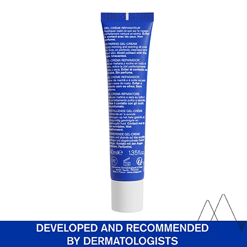 Image 1 - A blue tube with a white cap stands upright featuring text GEL-CRÈME RÉPARATEUR Appliquer matin et soir sur le visage parfaitement nettoyé et séché Éviter le contact avec les yeux Non parfumé REPAIRING GEL-CREAM Apply morning and evening all over the face on perfectly cleansed and dried skin Avoid contact with the eyes Unscented GEL-CREMA REPARADOR Aplicar mañana y noche en todo el rostro sobre la piel perfectamente limpia y seca Evitar el contacto con los ojos Sin perfume GEL-CREME REPARADOR Aplicar de manhã e à noite na pele limpa e seca do rosto Evitar o contacto com os olhos Sem perfume GEL-CREMA RIPARATORE Applicare mattina e sera su tutto il viso perfettamente pulito e asciutto Evitare il contatto con gli occhi Non profumato HERSTELLENDE GEL-CRÈME SOchtends en s avonds aanbrengen op het hele gezicht op de zorgvuldig gereinigde en afgedroogde huid Contact met de ogen vermijden Niet geparfumeerd REPARIERENDE GEL-CREME Morgens und abends auf das sorgfältig gereinigte und abgetrocknete Gesicht auftragen Kontakt mit den Augen vermeiden Parfümfrei 40mle 1.35fl.oz PE 12 M Laboratoires Dermatologiques dUriage 92200 Neuilly - FRANCE Made in France - www.uriage.com EXPO 1/25 and a blue banner at the bottom with text DEVELOPED AND RECOMMENDED BY DERMATOLOGISTS. Image 2 - A close-up of a persons face with cream on the cheek and text that reads FOR WOMENS DAILY FRAGALIZED SKIN Ultra-fresh gel-cream Non-greasy & non-sticky Fragrance-free. Image 3 - Before and after image shows reddish skin on the left labeled BEFORE and calmer skin on the right labeled AFTER, with an icon of a doctor and text reading CLINICAL PICTURES REPAIRS IN 1 APPLICATION* *Instrumental measurement after a single application of CICA DAILY Repairing cream concentrate. Image 4 - A smiling man holds a blue tube labeled URIAGE EAU THERMALE CICA DAILY Gel-crème réparateur Repairing gel-cream, with a blue bar at the bottom saying LOVED BY MEN. Image 5 - A Uriage Cica Daily Repairing Gel-Cream tube is shown with text REPAIRING GEL-CREAM, INGREDIENTS OF NATURAL ORIGIN 96%, 85% REGENERATED SKIN*, PROTECTS & RESTORES SKIN COMFORT, and *Usage test - 20 volunteers - 21 days : Satisfaction percentage. Image 6 - An image listing ingredients and benefits for a dermatological formula: ADVANCED DERMATOLOGICAL FORMULA, CENTELLA ASIATICA Repairs & protects from everyday aggressions, HYALURONIC ACID & VITAMIN B5 Soothe & deeply moisturize skin, COPPER-ZINC Protects and restores skin comfort, 10.5% THERMAL-BIOTIC COMPLEX Uriage Thermal Water & Inulin - Prebiotic to rebalance microbiome barrier. Image 7 - Image shows product features listed Developed and recommended by dermatologists Suitable for fragilized skin Fragrance-free High-tolerance 96% ingredients of natural origin. Image 8 - Image of a man in a lab coat smiling with text that reads Urban pollution can damage the skin and its microbiome. Using gel-creams with prebiotic natural substances effectively proctect the skin and DR. KARAN LAL, DERMATOLOGIST. Image 9 - A blue and white tube of Uriage Cica Daily Gel-crème with a blue seal Recommended by Dermatologists, surrounded by clear liquid drops, displays the text URIAGE EAU THERMALE CICA DAILY Gel-crème réparateur Repairing gel-cream TEINT IRRÉGULIER RIDULES DE DÉSHYDRATATION UNEVEN SKIN TEXTURE DEHYDRATION LINES Peaux fragilisées Fragilized skin URIAGE, LEAU THERMALE DES ALPES and Recommended by Dermatologists.