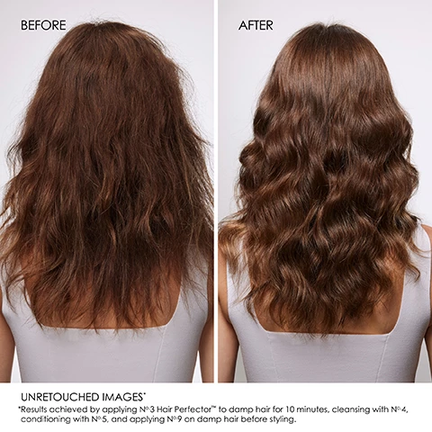 Image 1, 2, 3 and 4. before and after no retouching unretouched images results achieved by applying no3 hair perfector to damp hair for 10 minutes cleansing with no4 conditioning with no5 and applying no9 on damp hair before styling. Image 5, repair before shampoo with No3 and moisturize after shampoo with No8. Image 6, The environment come first, together with out updated carbon negative footprint from 2015 to 2021. We eliminate 35mm pounds of GHG from being emitted to the environment. We save 44k gallons of water from being wasted. We protect 57mm trees from being deforested. Image 7, hair cuticle before and after.