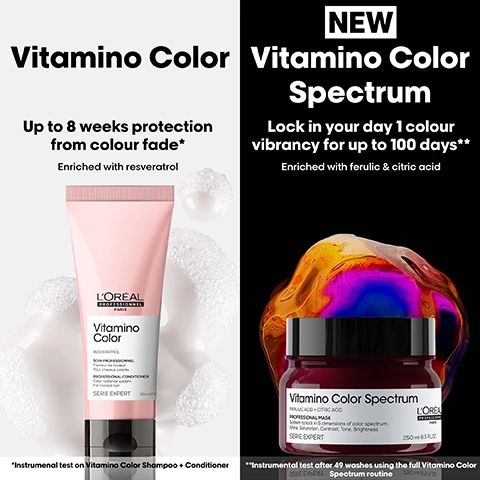 Image 1 - Two LOréal hair products, a pink tube of Vitamino Color conditioner on the left and a dark red jar of Vitamino Color Spectrum mask on the right, are shown with text Vitamino Color Up to 8 weeks protection from colour fade* Enriched with resveratrol LOREAL PROFESSIONNEL PARIS Vitamino Color RESVERATROL SOIN PROFESSIONNEL PROFESSIONAL CONDITIONER For color radiance system For colored hair SERIE EXPERT 200 ml 6.7 FL. OZ *Instrumental test on Vitamino Color Shampoo + Conditioner NEW Vitamino Color Spectrum Lock in your day 1 colour vibrancy for up to 100 days** Enriched with ferulic & citric acid Vitamino Color Spectrum FERULIC ACID + CITRIC ACID PROFESSIONAL MASK System tested in 5 dimensions of color spectrum: Shine, Saturation, Contrast, Tone, Brightness SERIE EXPERT 250 ml 8.5 FL. OZ **Instrumental test after 49 washes using the full Vitamino Color Spectrum routine. Image 2 - A pink tube of LOreal Professionnel Paris Vitamino Color conditioner with surrounding pink product texture and text Protect colour. Up to 8 weeks colour protection* Up to 6x more shine* Hair is left soft & protected RESVERATROL SOIN PROFESSIONNEL Protecteur de couleur Pour cheveux colorés PROFESSIONAL CONDITIONER Color radiance system For colored hair SERIE EXPERT *Instrumental test Shampoo + Conditioner. Image 3 - A split image shows a persons curly hair before and after treatment, with labels Before and After showing improved curl definition, along with three product bottles at the bottom and the text Not retouched. Image 4 - The image shows three pink LOreal Professionnel Paris Vitamino Color hair products as part of A colour protection professional routine: 01 Cleanse SHAMPOOING PROFESSIONNEL PROFESSIONAL SHAMPOO For colored hair SERIE EXPERT 300 ml 10.1 fl. oz., 02 Hydrate SOIN PROFESSIONNEL PROFESSIONAL CONDITIONER For colored hair SERIE EXPERT 200 ml 6.7 fl. oz., and 03 Protect RESSURFACING AGENT LAIT 10-EN-1 PROFESSIONNEL 10-IN-1 PROFESSIONAL MILK For colored and sensitized hair SERIE EXPERT 190 ml 6.4 fl. oz. Image 5 - A hand holds a small circle of product with the text Apply 1 circle of the cap-size. Image 6 - The image shows three steps for applying a product with accompanying text: How to apply like a Pro. 01 For optimal results, use after the Vitamino Color shampoo. Apply evenly on towel-dried hair. 02 Comb through. 03 Rinse thoroughly. Completed your routine with the Vitamino Color multi-benefit leave in treatment. Image 7 - Back of person with long, shiny brown hair next to text reading This conditioner is perfect for my coloured hair. It prolongs my hair colouration. Five stars.