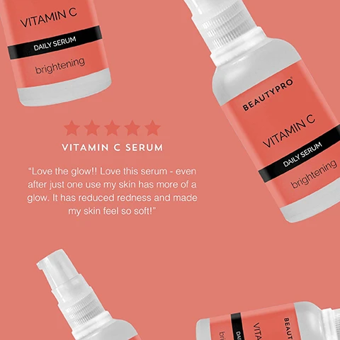 Image 1 - Image shows two bottles of BeautyPro Vitamin C Daily Serum with labels indicating ‘Vitamin C’ and ‘brightening,’ accompanied by a five-star rating and a customer review stating Love the glow!! Love this serum - even after just one use my skin has more of a glow. It has reduced redness and made my skin feel so soft.
Image 2 - A bottle of BeautyPro Vitamin C Daily Serum with a spray nozzle on a coral background, accompanied by text describing its benefits: Hydrating: Deeply hydrates your skin, keeping it plump and supple; Firming: Improves elasticity and texture, smoothing out lines and tightening the skin; Brightening: Dark circles are lightened and your cells are provided with all of the vital nutrients they need to recharge.
Image 3 - An image featuring three fruits labeled as blueberry, yuzu citrus, and sea buckthorn, with descriptions: blueberry combats signs of tiredness, yuzu citrus firms and plumps the skin, and sea buckthorn deeply hydrates the skin.