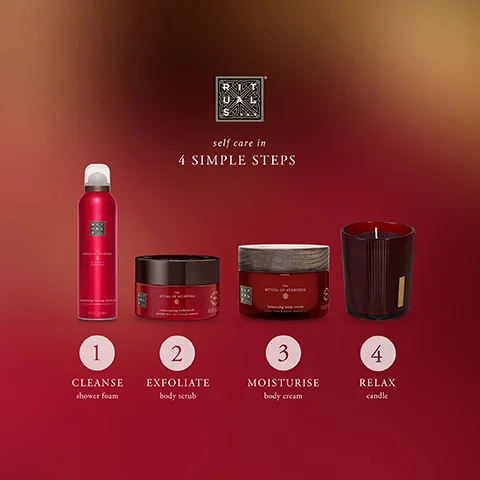 self care in 4 SIMPLE STEPS 2 3 4 1 CLEANSE shower foam EXFOLIATE body scrub MOISTURISE body cream RELAX candle