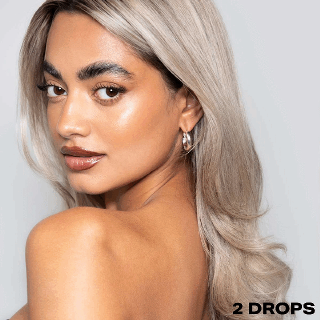GIF transitioning between two images. Image 1- modelling hair that has used the 'SHRINE Drop It Ash Blonde Toner. Text: 2 drops. Image 2- showing before and after use of the toner. Text: 2 drops