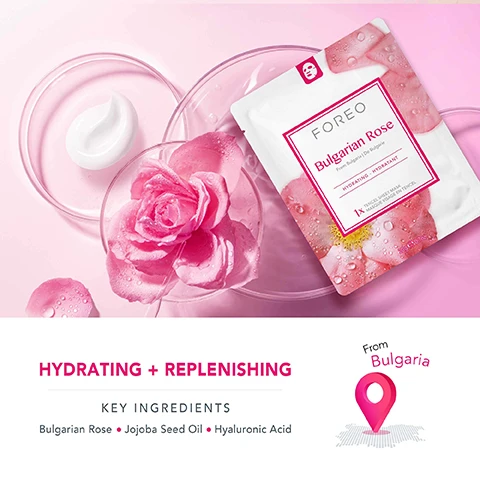 image 1, hydrating and replenishing. key ingredients - bulgarian rose, jojoba seed oil, hyaluronic acid. image 2, ideal for dry dehydrated skin, loss of elasticity, dull skin tone. image 3, plant based ingredients. for all skin types. dermatologists. image 4, 100% natural tencel material. biodegradable. natural ingredients. antibacterial tencel. ultra soft and light weight. 50% more absorbent and 10 times more bacteria resistant than cotton. image 5, dual mode sheet masks. mode 1 slow it down. as a regular relaxing sheet mask. mode 2 speed it up with WGO. hyper infuse actives with UFO full facial device.